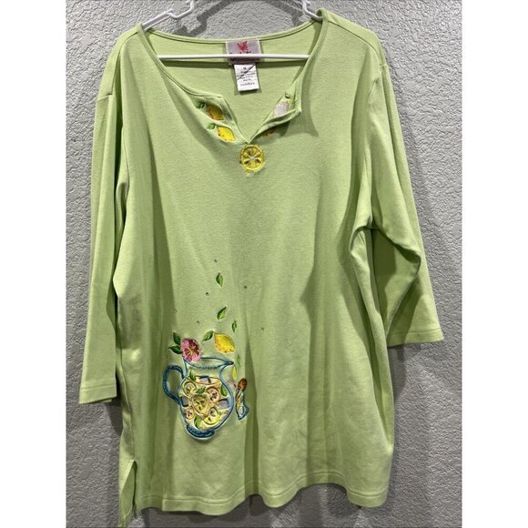 Quacker Factory Top Size 1X Sage Embroidered Lemonade Lemons Flower 3/4 Sleeve - Picture 1 of 6